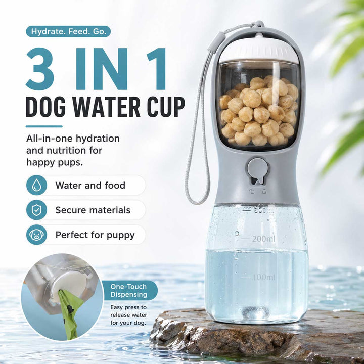 3-in-1 Portable Dog Water Bottle with Food & Waste Bag Dispenser